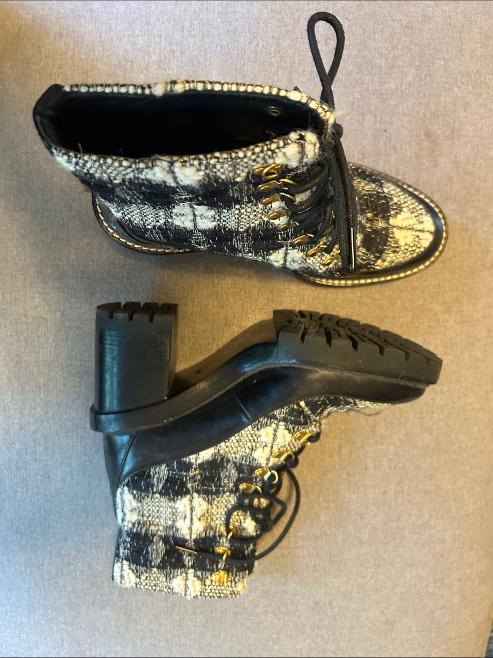 Tory Burch Black and Cream Lace-Up Tweed Ankle Boots - Picture 3 of 3